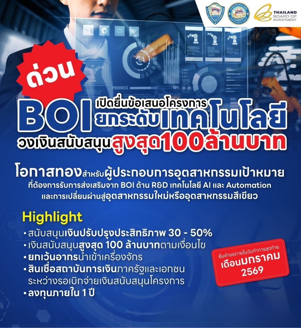 เชิญสมาชิกหอการค้าไทยและเครือข่ายเข้าร่วมโครงการสนับสนุนผู้ประกอบการไทย เพื่อเพิ่มขีดความสามารถในการแข่งขัน โดยกิจการใน 8 อุตสาหกรรมเป้าหมายสามารถขอรับการส่งเสริมจาก BOI สูงสุด 100 ล้านบาทต่อนิติบุคคล ภายใต้เงื่อนไขที่กำหนด