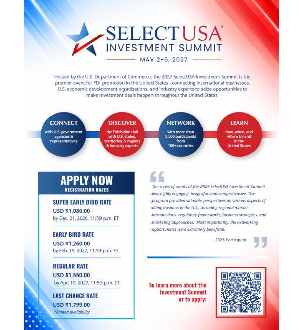 ผู้ประกอบการไทยและสตาร์ทอัพเตรียมขยายธุรกิจสู่สหรัฐฯ กับงาน SelectUSA Investment Summit 2027 พร้อมโอกาสพบพันธมิตร นักลงทุน และเครือข่ายธุรกิจ ลงทะเบียน Super Early Bird ได้แล้ว
